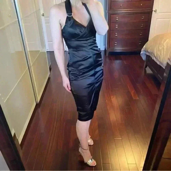 Le Chateau Cocktail Evening Dress Black Satin Halter Neck Bodycon Ruched Small - Picture 3 of 16